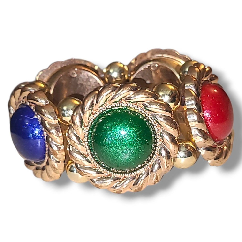 Vintage 80s Gold Tone Jewel Tone‎ Cabochon Stretch Bracelet Retro